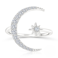 wholesale S925 Sterling Silver Adjustable Open Star Moon Zircon Ring, Korean Style Ins Trendy-White gold Adjustable opening