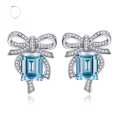 wholesale S925 Silver Jewelry 8*10mm Radiant Cut Aquamarine Earrings Luxury Full Diamond Pavé Butterfly Studs-0-0