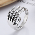 wholesale S925 Sterling Silver Heavy Gothic Palm Skeleton Hand Design Hip-Hop Punk Style Trendy Adjustable Ring-0-0