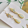 wholesale 925 Sterling Silver Gold Color-Plated Bamboo Leaf with Waterdrop Hetian Jade Earrings, New Chinese Style Minimalist Design Women's Earrings-0-5