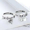 wholesale S925 metal trendy zircon inlaid coconut tree smiley face star open ring niche design Korean style new-0-0