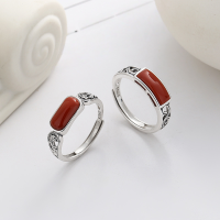 wholesale S925 Sterling Silver Creative Leaf Hollow-Out Design Ring Holder with Southern Red Rectangular Ethnic Style Open Ring-YFJ907/A about 2.2g opening adjustable
