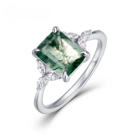 wholesale 925 Silver Cross-Border New European and American Minimalist Geometric Moss Ring for Women, Fashionable and Unique with Water Grass Agate Inlay-Thick Silver Platinum>US6#