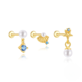 wholesale S925 Sterling Silver Flat Threaded Ear Cartilage Stud Set with Seashell, Starfish, and Pearl-0-5