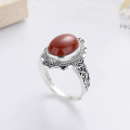 wholesale S925 Sterling Silver Vintage Retro Ethnic Style Oval Red Agate with Elegant Pattern Unique Design Ring-0-0