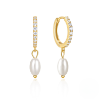 wholesale S925 Sterling Silver Light Luxury Elegant Inlaid Zircon Pearl Ear Hoops-Gold 925 silver