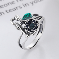 wholesale S925 Sterling Silver Creative Green Resin Lotus Leaf and Lotus 3D Design Exquisite Pastoral Style Index Finger Ring-740J/approx. 3.8g Adjustable opening