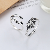 wholesale S925 Sterling Silver Vintage Bohemian Style Antique Unique Three-Dimensional Rose Twin-Stem Twisted Adjustable Ring-YFJ557/A model is about 2.3 grams. The opening is adjustable.