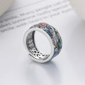 wholesale S925 Silver Vintage Style Enamel Drip Glaze Dragon and Phoenix Auspicious Pattern Filigree Openwork Design Heavy Craftsmanship Adjustable Ring-0-0