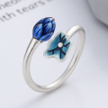 wholesale S925 Sterling Silver Retro Vintage Drip Glaze Enamel Lotus Bud 3D Design Ethnic Style Adjustable Ring-0-1