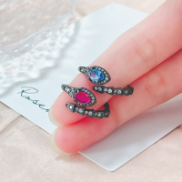 wholesale Metal material, European and American cross-border trendy cool snake-shaped diamond-encrusted ring, niche high-end sense, light luxury fashion, non-fading openable couple's jewelry-xb607-Snake-shaped rose gemstone ring platinum red Opening adjustable