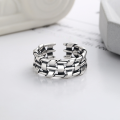 wholesale S925 Sterling Silver Korean-style Unisex Geometric Woven Design Trendy Bold Statement Adjustable Open Ring-0-1