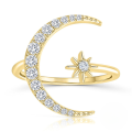 wholesale S925 Sterling Silver Adjustable Open Star Moon Zircon Ring, Korean Style Ins Trendy-0-0