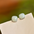 wholesale 925 Silver with Certificate, New Chinese Style Square Ancient Pattern Inlaid Jade Earrings, Simple Hetian Jade Stud Earrings for Women-0-1