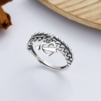 wholesale S925 Sterling Silver Retro Vintage Thai Silver Chain Link Personalized Trendy Heart Arrow Adjustable Open Ring-YFJ365/approx. 2.53g Adjustable opening