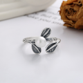 wholesale S925 sterling silver vintage pearl-inlaid leaf-shaped open ring, fresh pastoral style luxury index finger ring-0-2