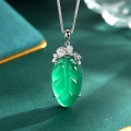 wholesale S925 Sterling Silver Natural Chalcedony Leaf Pendant with Ice-Type Jade Green Finish, Light Luxury and Versatile Leaf Necklace-0-0