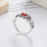 wholesale S925 Sterling Silver Multi-layer Bamboo Joint and Leaf Inlaid with Southern Red Agate Ring, Artistic Vintage Ethnic Style-1106FJ/approx. 3.7g Adjustable opening