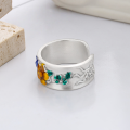 wholesale S925 silver vintage matte epoxy enamel floral creative design elegant temperament style open ring-0-3