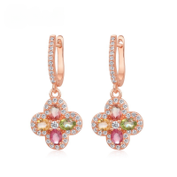 wholesale S925 Sterling Silver Small Fresh Four-Leaf Clover Tourmaline Earrings with Colored Crystal Ear Clips, Fashionable and Dopamine-Enhancing Accessory-Rose gold + swimming paint  925 silver