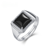 wholesale S925 Sterling Silver New Fashion Minimalist Square Black Onyx Ring Adjustable Open Ring Wholesale from Manufacturer-Thick silver platinum Adjustable opening