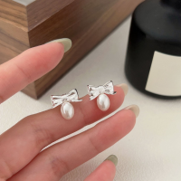 wholesale S925 Sterling Silver Swarovski Pearl Bow Ear Stud Women Korean Ins Trend Light Luxury Internet Celebrity Style Earrings-Pure silver + Shijia pearls