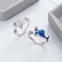 wholesale S925 sterling silver vintage matte finish resin blue koi ethnic style adjustable open ring for women-YJF763/A approx. 4g>925 silver