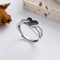 wholesale S925 Sterling Silver Retro Resin Enamel Black Heart Double-Layer Interlaced Open Adjustable Index Finger Ring-YFJ445/approx. 2.63g Adjustable opening