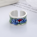 wholesale S925 Sterling Silver Retro Cloisonné Enamel Resin Colored Glaze Lotus Wide Band Adjustable Ring Ethnic Style-0-1