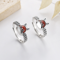 wholesale S925 Sterling Silver Vintage Lovely Rabbit Design Accented with Southern Red Coin-Inlaid Openable Ring-YJ852M/matt finish about 3.3g opening adjustable