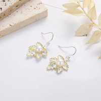 wholesale S925 sterling silver long elegant earrings with gold-plated edges, lace detailing, ginkgo leaf motifs, and pearl accents in a literary artistic style-YFR349M/approx. 3.7g>925 silver