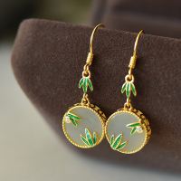 wholesale 925 Silver New Chinese Style Retro National Wind Earrings with Certificate, Hetian Jade Earrings, Long Bamboo Leaf Drip Glue Enamel Earrings-Gold 10mm Hetian Jade &gt; 925 Silver