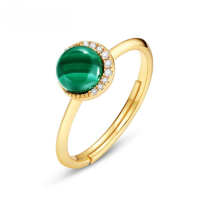 wholesale 925 Silver Gold Plated with Green Malachite Geometric Crescent Moon Ring for Women, Vintage Style with Round Zircon-Malachite Adjustable opening