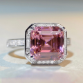 wholesale S925 Sterling Silver Pink Diamond Ring for Women, Rouge Deep Pink Tourmaline Colored Gemstone Full Diamond Square Bezel Setting, TikTok Cross-Border Live Streaming-0-0