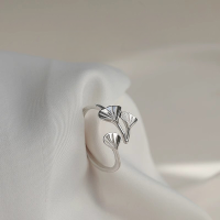 wholesale S925 Sterling Silver "Three Lives with Apricot" Ginkgo Leaf Plain Silver Ring, Fashionable Niche Design for Daily Wear-White gold Adjustable opening