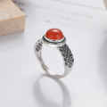 wholesale S925 Sterling Silver Vintage Antique Exquisite Floral Pattern Southern Red Agate Adjustable Ring with Classical Elegance-0-1