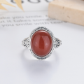 wholesale S925 Sterling Silver Vintage Antique Craft Floral Accent Southern Red Agate Ring Luxury Elegant Band-0-2