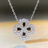 wholesale S925 Sterling Silver Four-Leaf Clover Necklace Women's Ins Style Minimalist Versatile Chain Black HW Style Full Diamond Collarbone Necklace Wholesale-Black Diamond 925 Silver