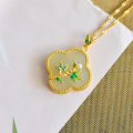 wholesale Sterling Silver Vintage Chinese Style Four-Leaf Clover Pendant with Hetian Jade and Enamel-0-5