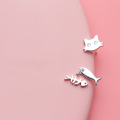 wholesale S925 Silver Earrings for Women, Korean Style Asymmetric Diamond-Encrusted Cat and Fish Studs, Cute E7471-0-0