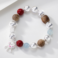 wholesale S925 Sterling Silver Literary Play Agarwood Bracelet with Aquamarine and Cinnabar, Ins Versatile Elegant Accessory-Agarwood Sterling Silver Bracelet/16.89g&gt;SL010614