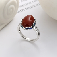 wholesale S925 Sterling Silver Retro Filigree Openwork Ring Setting Inlaid with Large Southern Red Stone Luxury Adjustable Ring for Women-YJ900M/approx. 4.3g Adjustable opening