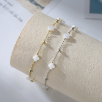 wholesale 925 Silver Cloud-pull Silver Jewelry, Four-Leaf Clover Anklet with White Shell and Starry Sky Design, Korean and Japanese Style Minimalist Ins Niche for Female Students-White natural freshwater shell platinum 21.5+5cm 2.18g 925 silver