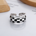 wholesale S925 Sterling Silver Ins Black and White Checkerboard Drip Glaze Ring, Versatile Luxury Trendy Sweet and Cool Adjustable Opening Ring-0-1