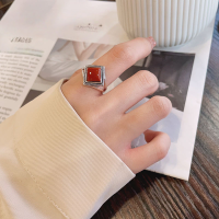 wholesale S925 Sterling Silver Retro Vintage-Inspired Square Shape Set with Southern Red Agate Openable Ring-1193JM/approx. 5.2g Adjustable opening