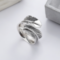 wholesale S925 Sterling Silver Retro Vintage Classic Feather Design Adjustable Ring for Men and Women-0-1