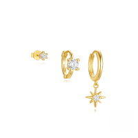 wholesale S925 Sterling Silver Zircon-inlaid Geometric Earring Set, Enamel Octagram Ear Cuffs-3-piece set - Gold#4&gt;925 silver