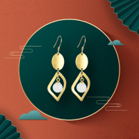 wholesale S925 Sterling Silver Gold-Tone Vintage Chinese Style Earrings, National Tide-inspired Ear Studs, Imitation Hetian Jade Ear Drops, Niche-Gold earrings 925 silver
