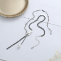 wholesale S925 Sterling Silver Korean-style Layered Chain Pearl Tassel Engraved Rectangular Pendant Fashion Niche Design Collarbone Necklace-0-1