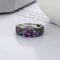 wholesale Sterling silver Yun Chao Xuan S990 retro antique enamel drip glue exquisite peony flower auspicious pattern vintage open-ended ring-0-1